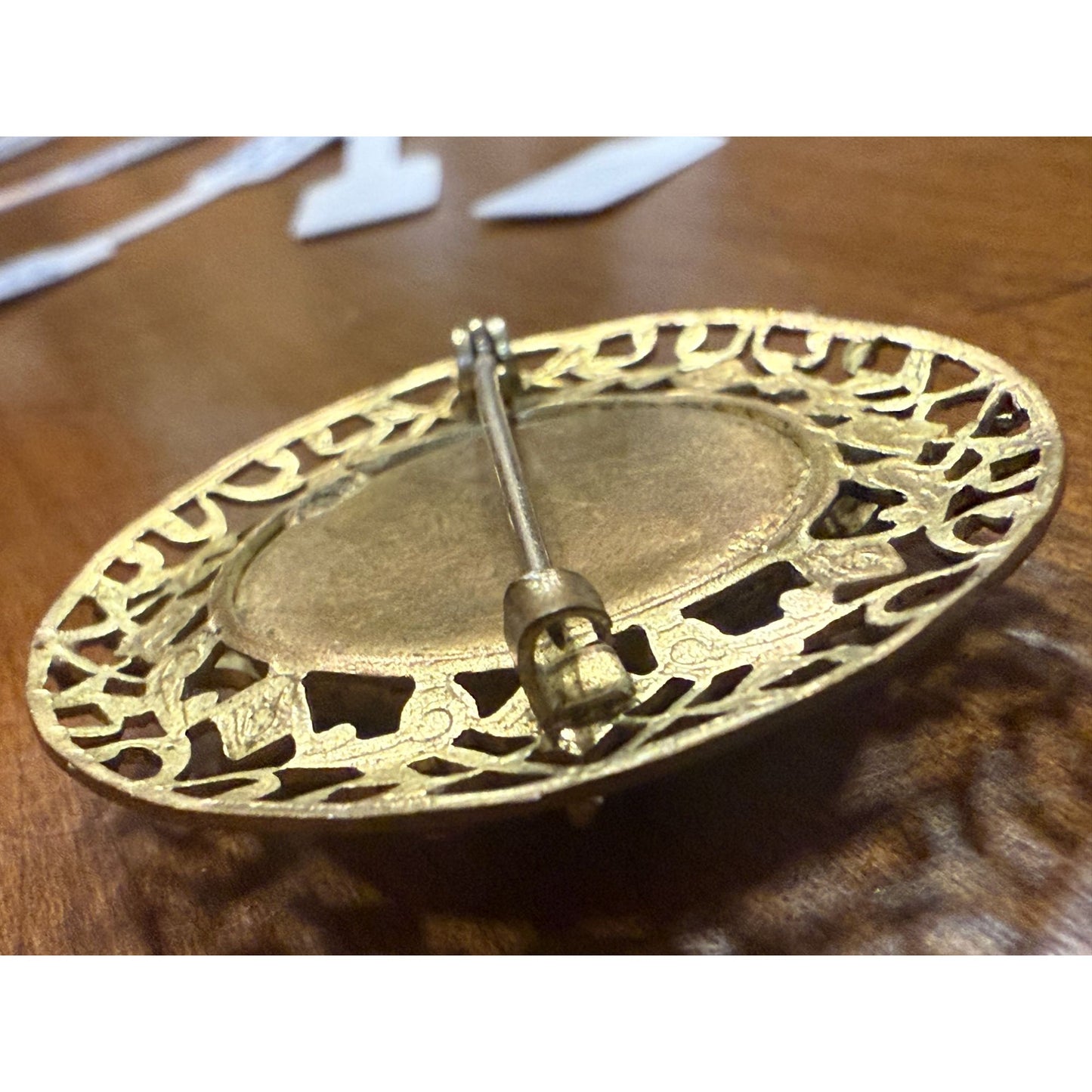 Vintage Gold Filigree Brooch With Pink Glass Center & Enamel Leaves