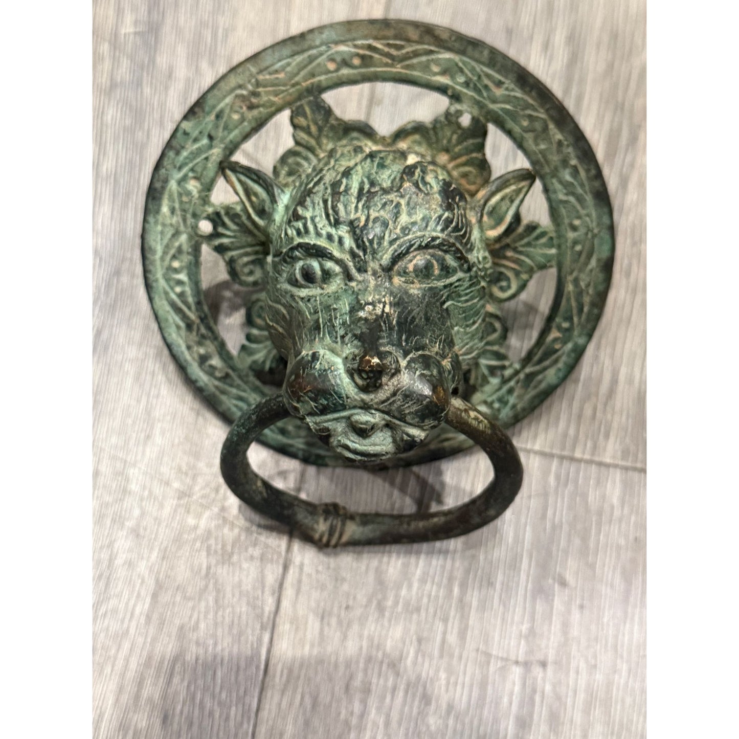 Antique Brass Lion Head Door Knocker With Circular Backplate - c 1800's