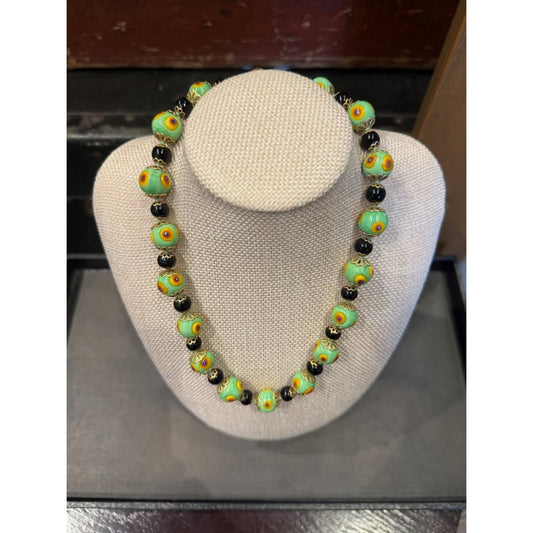 Vintage Green & Black Beaded Necklace With Hand-Painted Floral Design & Gold-Tone Clasp Unique Jewelry Piece