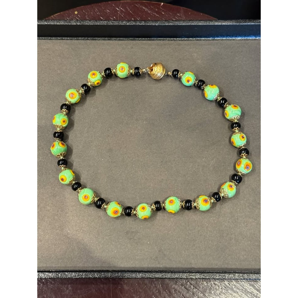 Vintage Green & Black Beaded Necklace With Hand-Painted Floral Design & Gold-Tone Clasp Unique Jewelry Piece
