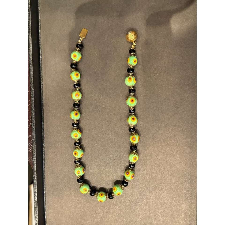 Vintage Green & Black Beaded Necklace With Hand-Painted Floral Design & Gold-Tone Clasp Unique Jewelry Piece