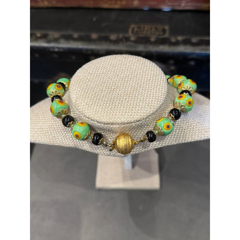 Vintage Green & Black Beaded Necklace With Hand-Painted Floral Design & Gold-Tone Clasp Unique Jewelry Piece