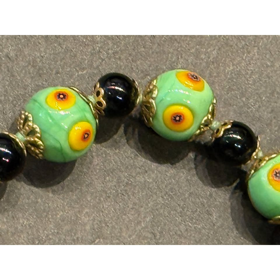 Vintage Green & Black Beaded Necklace With Hand-Painted Floral Design & Gold-Tone Clasp Unique Jewelry Piece