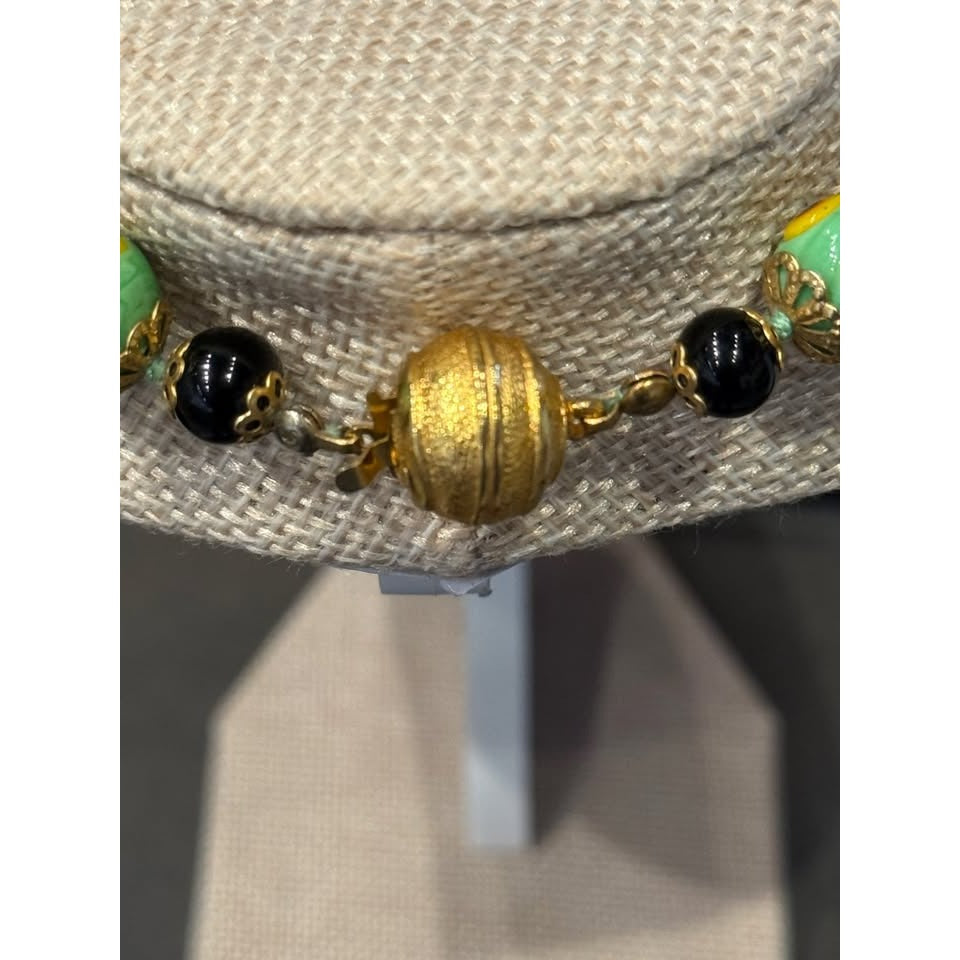 Vintage Green & Black Beaded Necklace With Hand-Painted Floral Design & Gold-Tone Clasp Unique Jewelry Piece