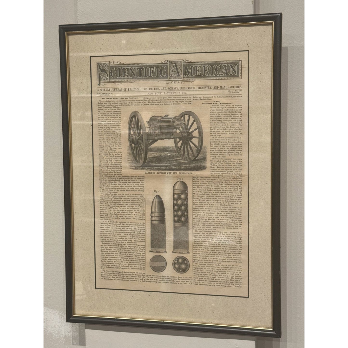 Antique Framed 1867 Scientific American Print Featuring Gatlings Battery Gun & Cartridges