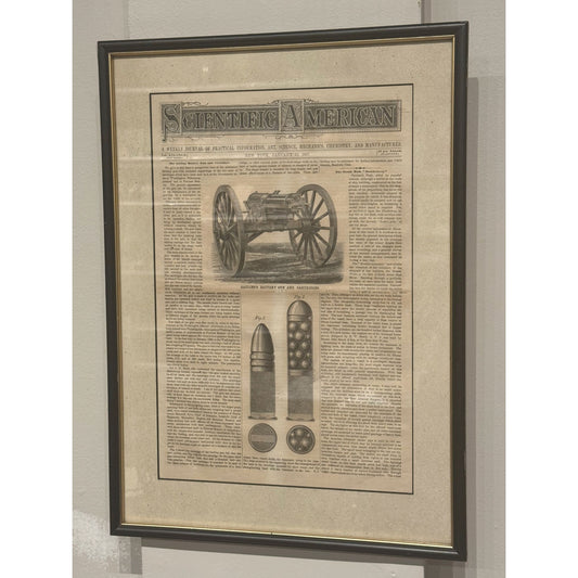 Antique Framed 1867 Scientific American Print Featuring Gatlings Battery Gun & Cartridges