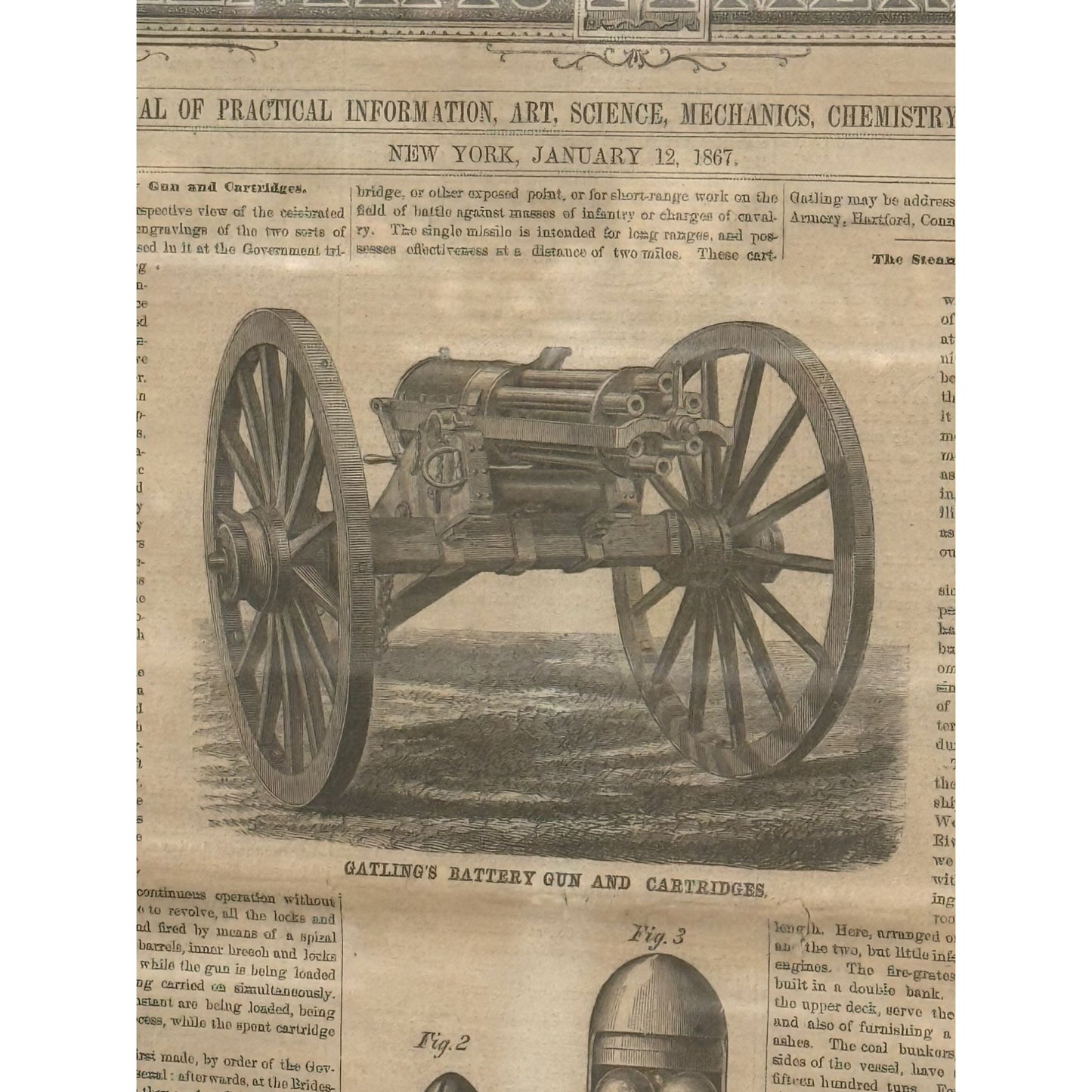Antique Framed 1867 Scientific American Print Featuring Gatlings Battery Gun & Cartridges