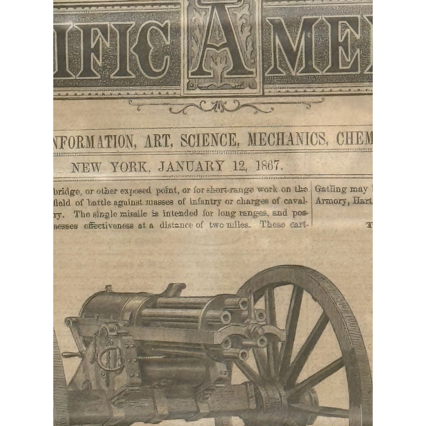 Antique Framed 1867 Scientific American Print Featuring Gatlings Battery Gun & Cartridges