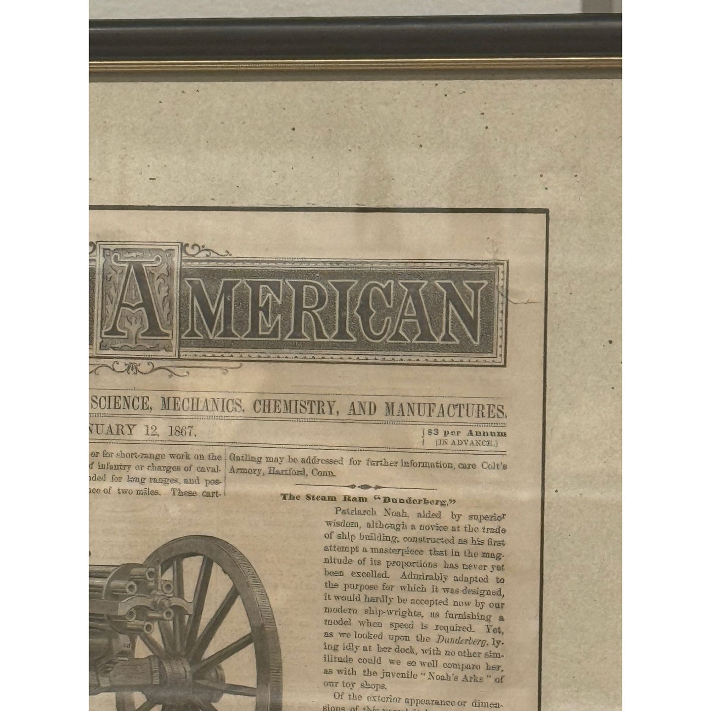 Antique Framed 1867 Scientific American Print Featuring Gatlings Battery Gun & Cartridges