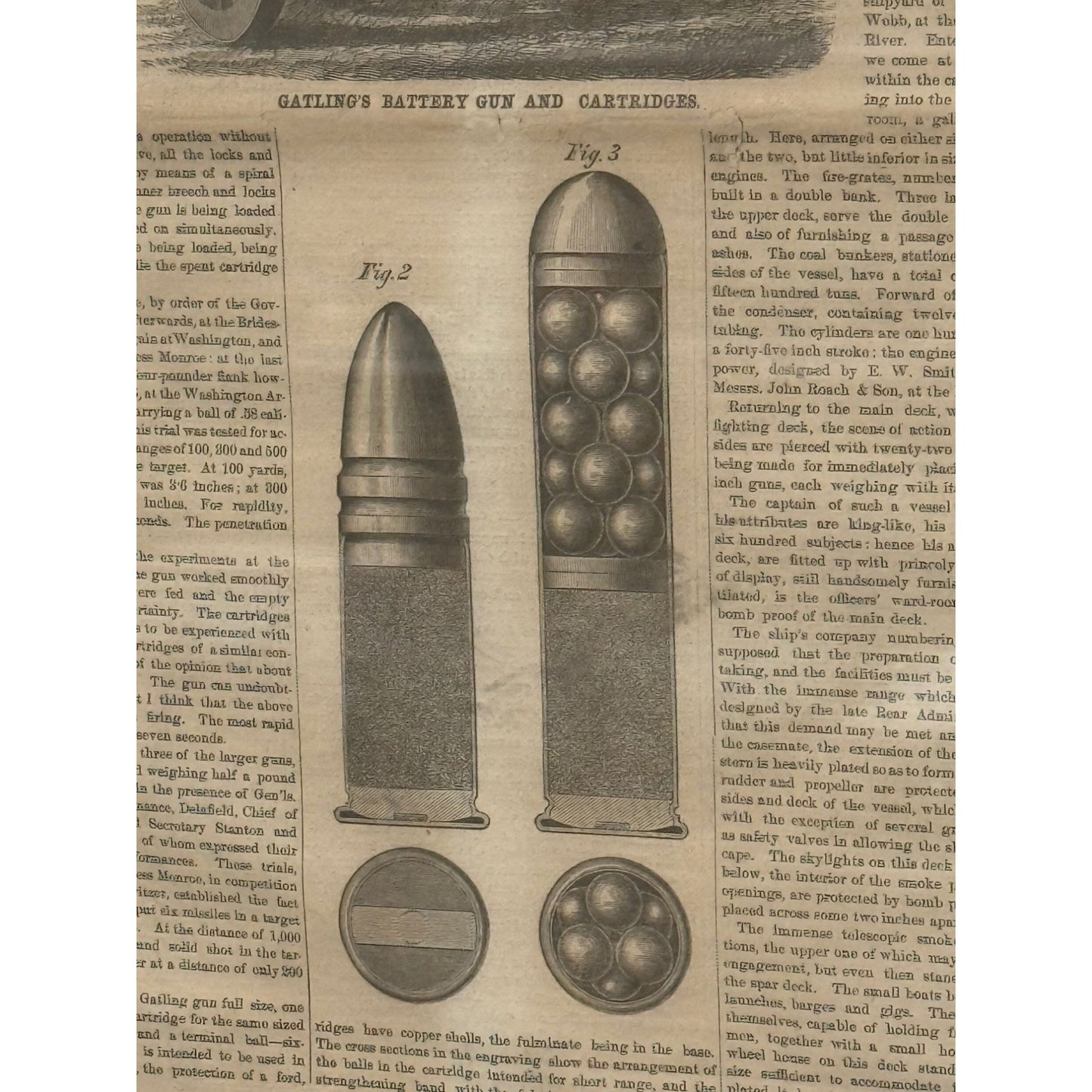 Antique Framed 1867 Scientific American Print Featuring Gatlings Battery Gun & Cartridges
