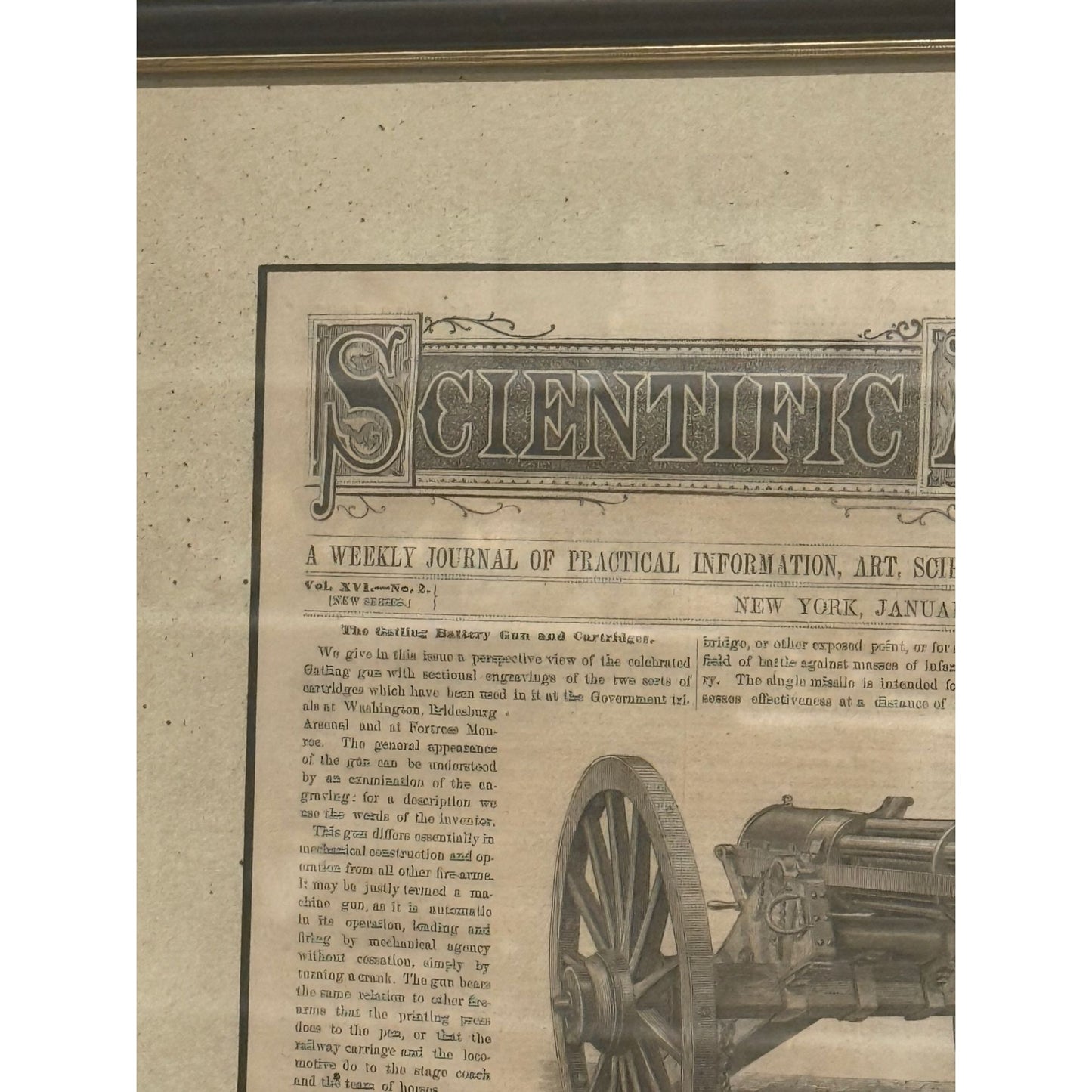 Antique Framed 1867 Scientific American Print Featuring Gatlings Battery Gun & Cartridges