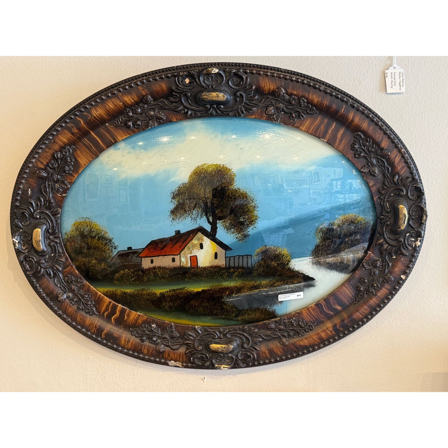 Vintage Oval Framed Landscape, Reverse Painting With Rustic Cottage