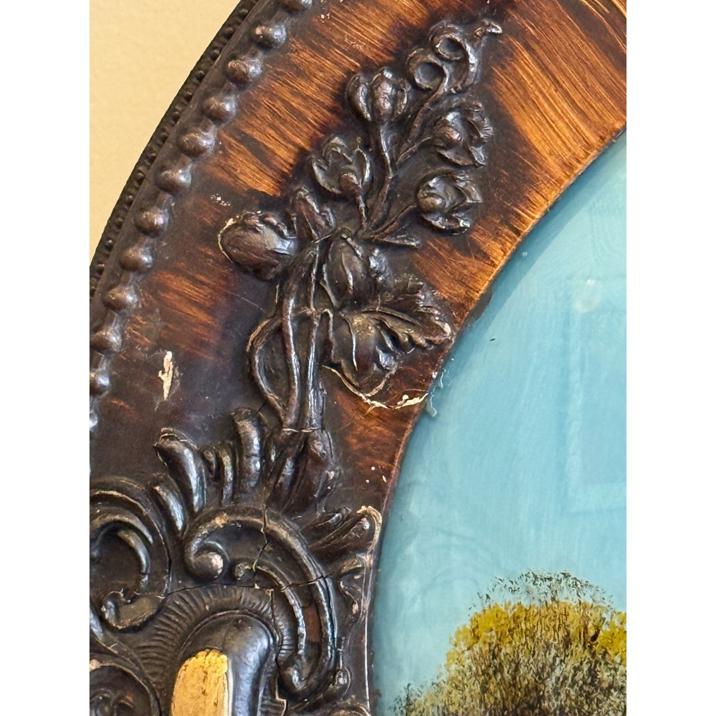 Vintage Oval Framed Landscape, Reverse Painting With Rustic Cottage