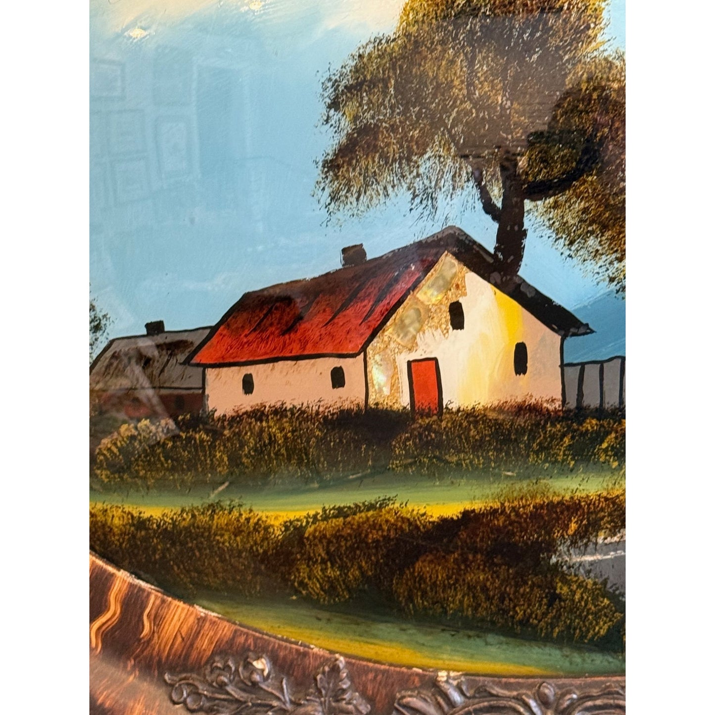 Vintage Oval Framed Landscape, Reverse Painting With Rustic Cottage