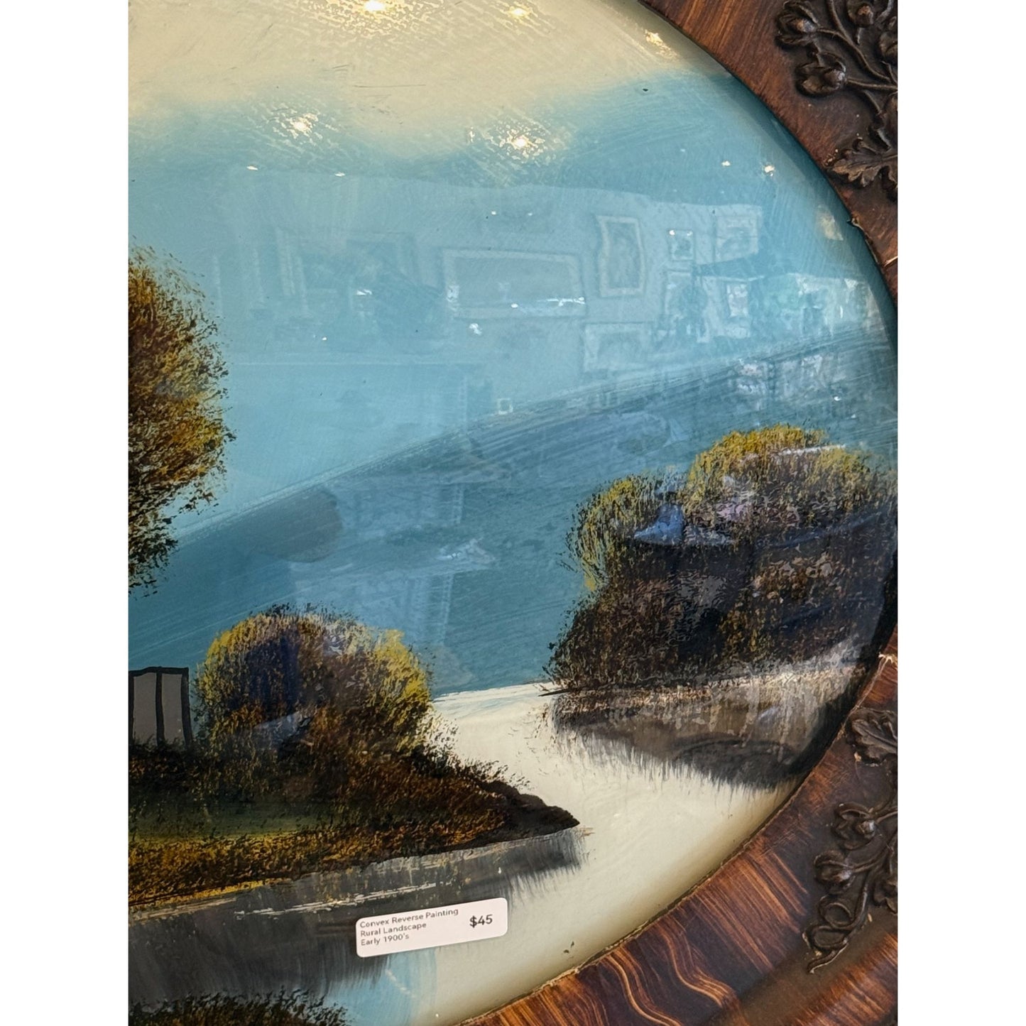 Vintage Oval Framed Landscape, Reverse Painting With Rustic Cottage