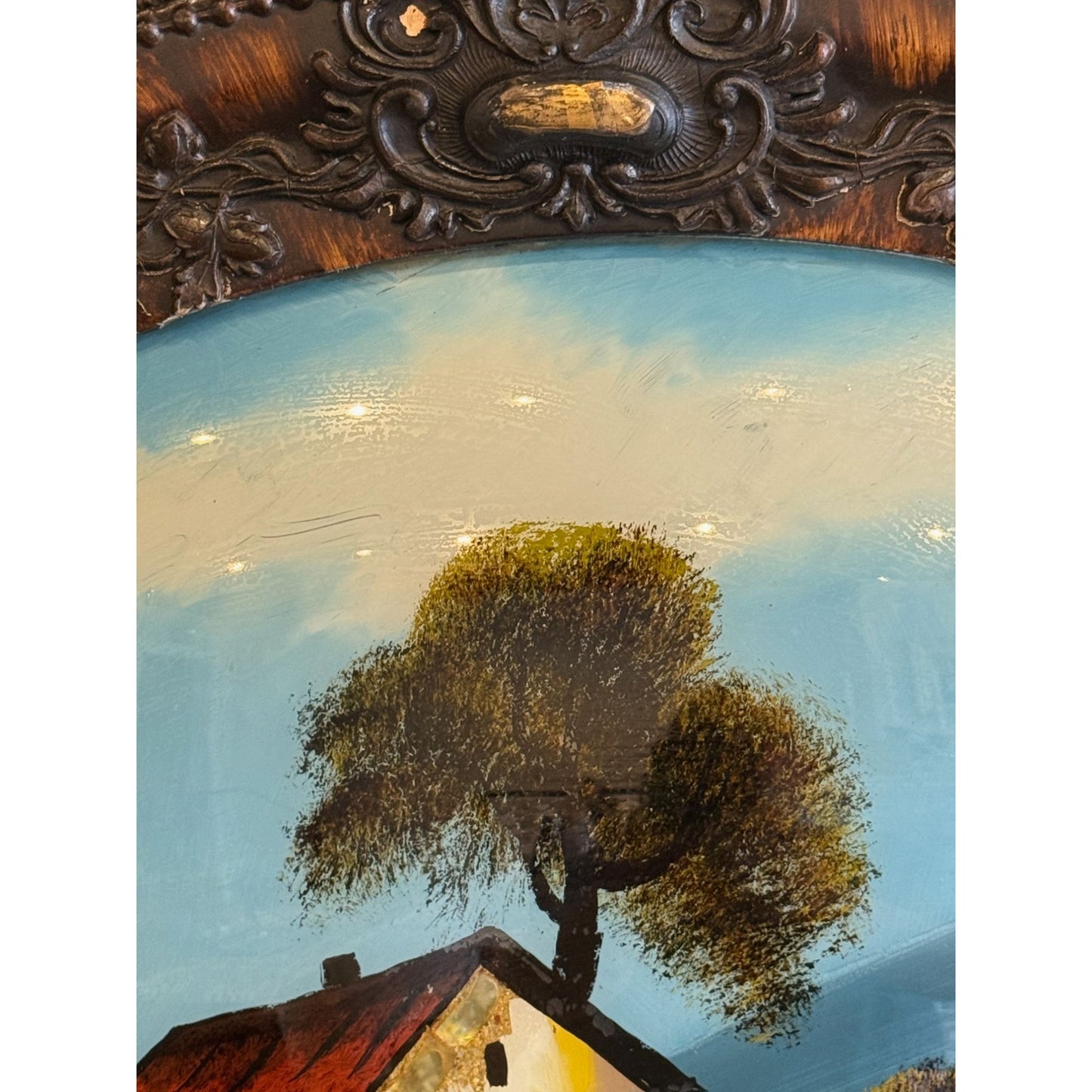 Vintage Oval Framed Landscape, Reverse Painting With Rustic Cottage