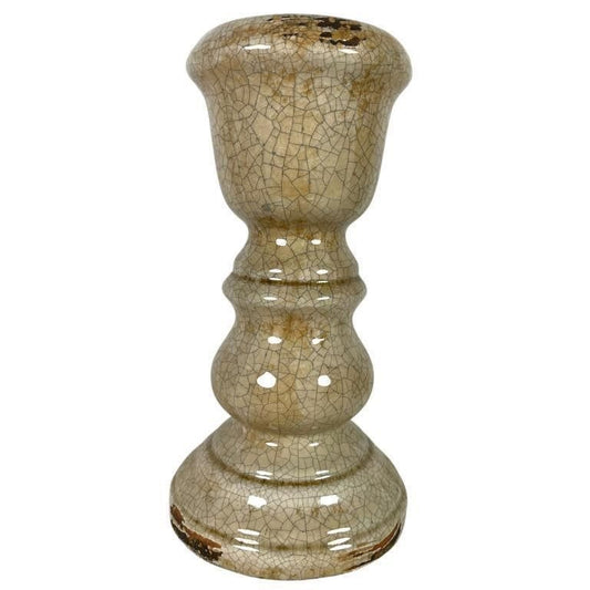 Vintage Glazed Crackle Ceramic Pedestal Holder Beige/Brown