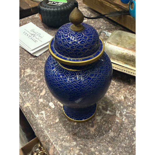 Vintage Chinese Blue & Gold Cloisonné Lidded Jar Vase