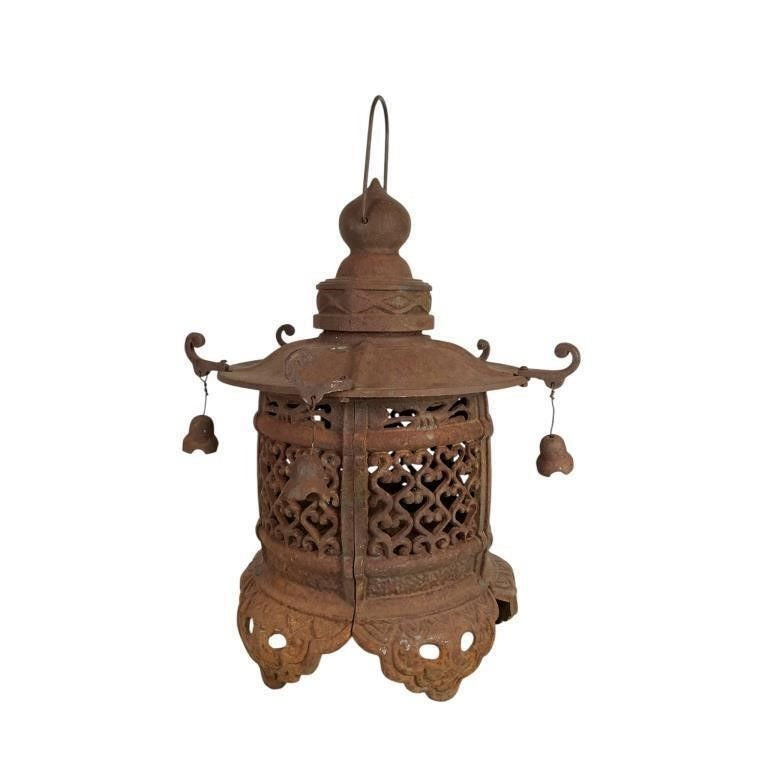 Antique Japanese Pagoda Iron Hanging Lantern With Intricate Decorative Bells