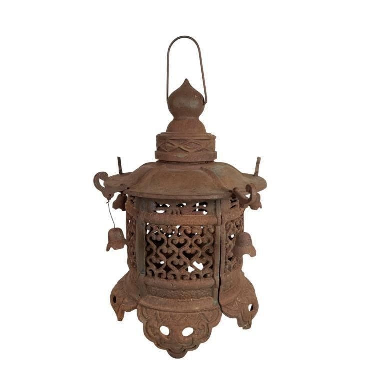 Antique Japanese Pagoda Iron Hanging Lantern With Intricate Decorative Bells