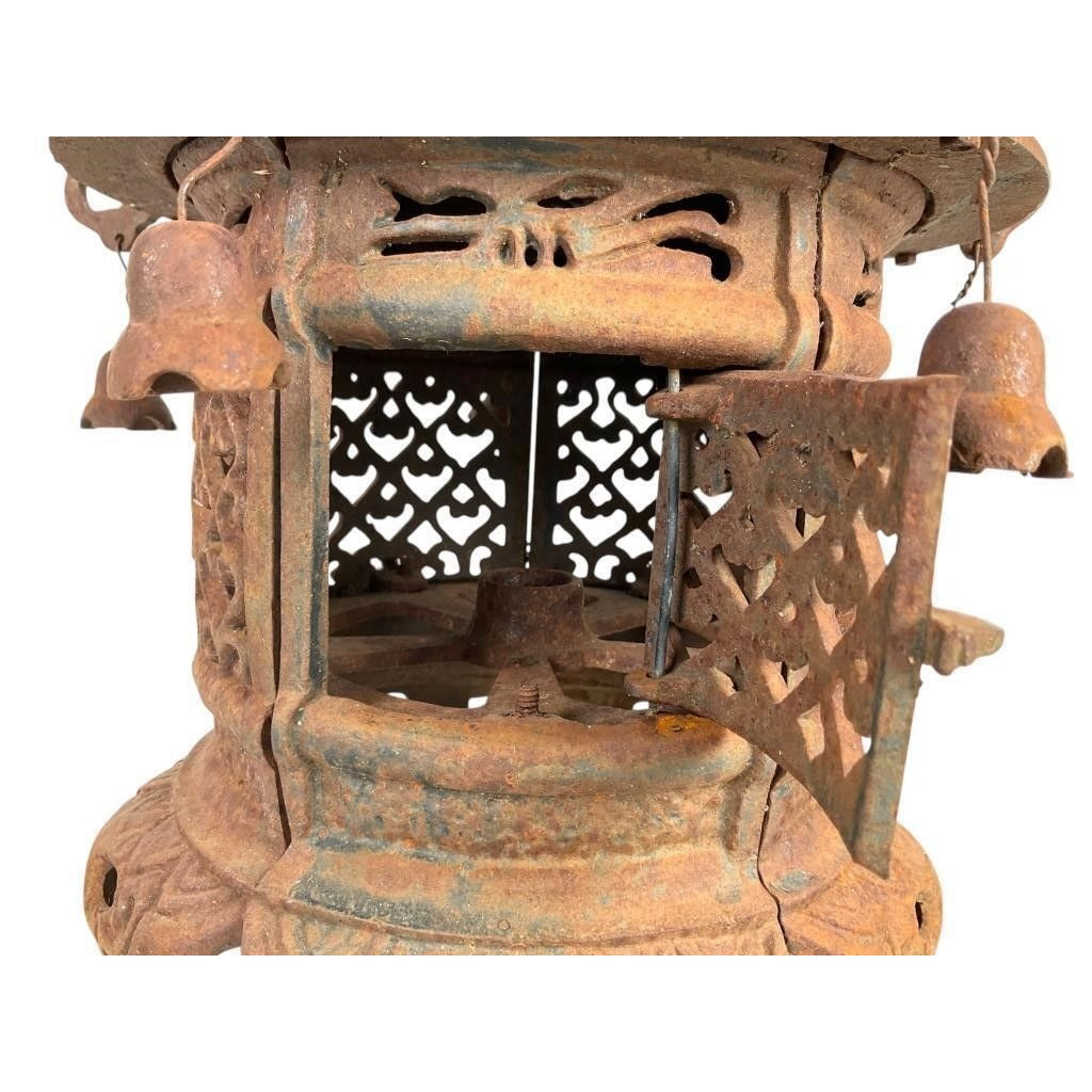 Antique Japanese Pagoda Iron Hanging Lantern With Intricate Decorative Bells