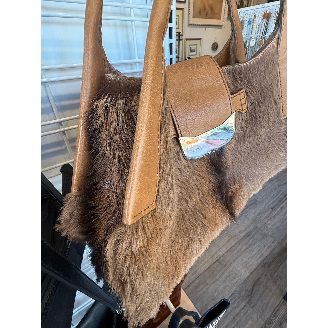 Tods Vintage Orange Hobo Goat Hair & Leather Shoulder Bag With Silver Buckle