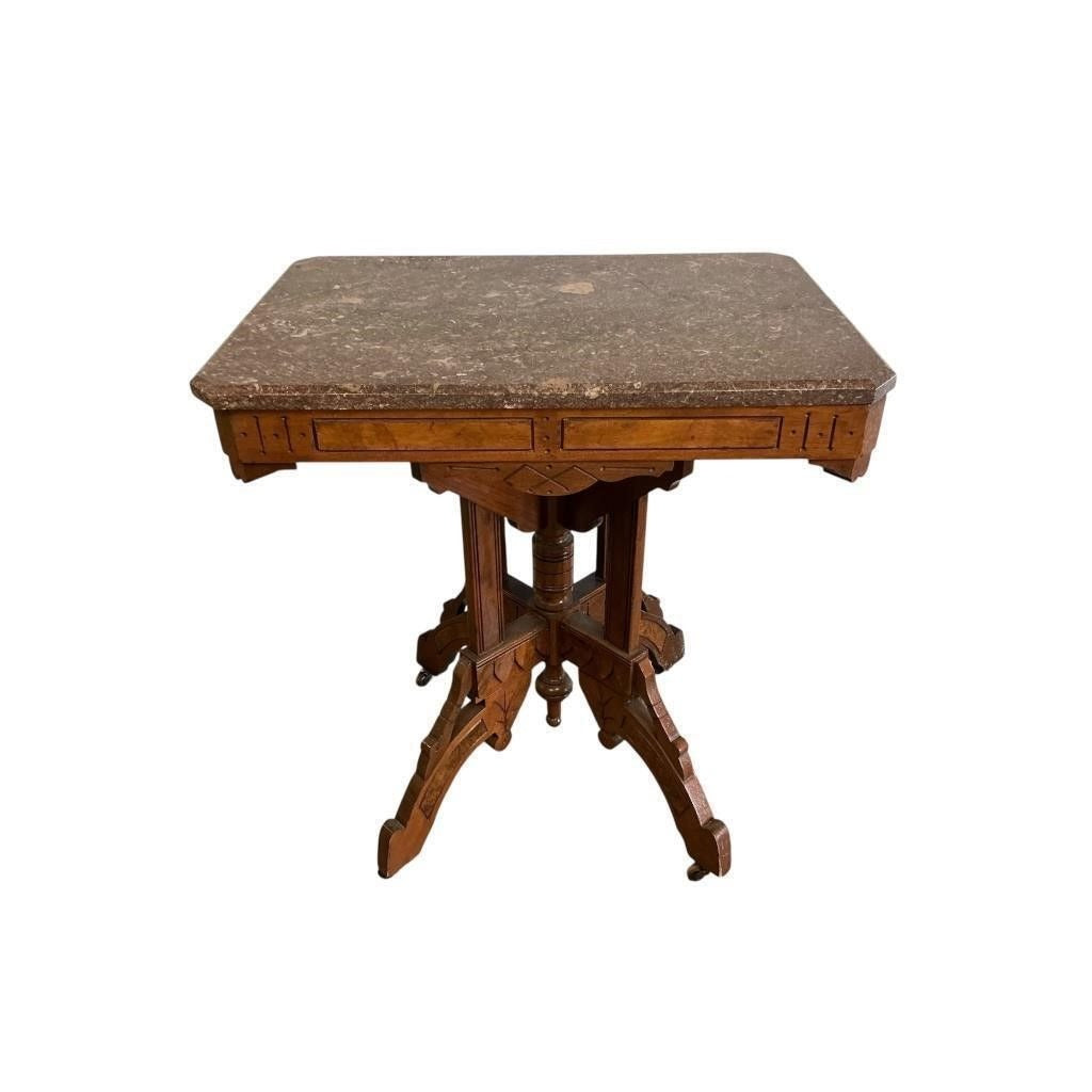 Eastlake-Style Marble-Top Parlor Table With Ornate Walnut Base