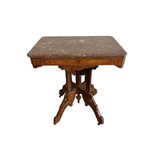 Eastlake-Style Marble-Top Parlor Table With Ornate Walnut Base