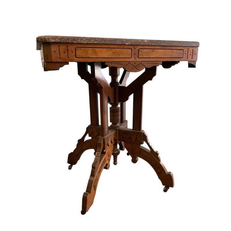 Eastlake-Style Marble-Top Parlor Table With Ornate Walnut Base