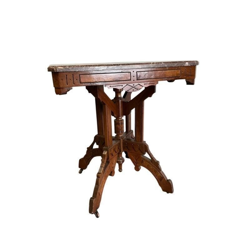 Eastlake-Style Marble-Top Parlor Table With Ornate Walnut Base