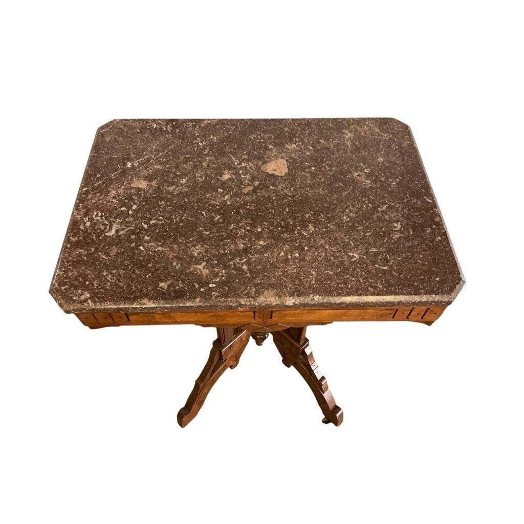 Eastlake-Style Marble-Top Parlor Table With Ornate Walnut Base