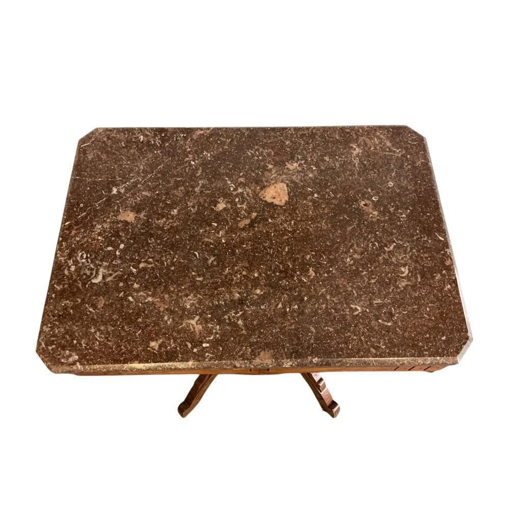 Eastlake-Style Marble-Top Parlor Table With Ornate Walnut Base