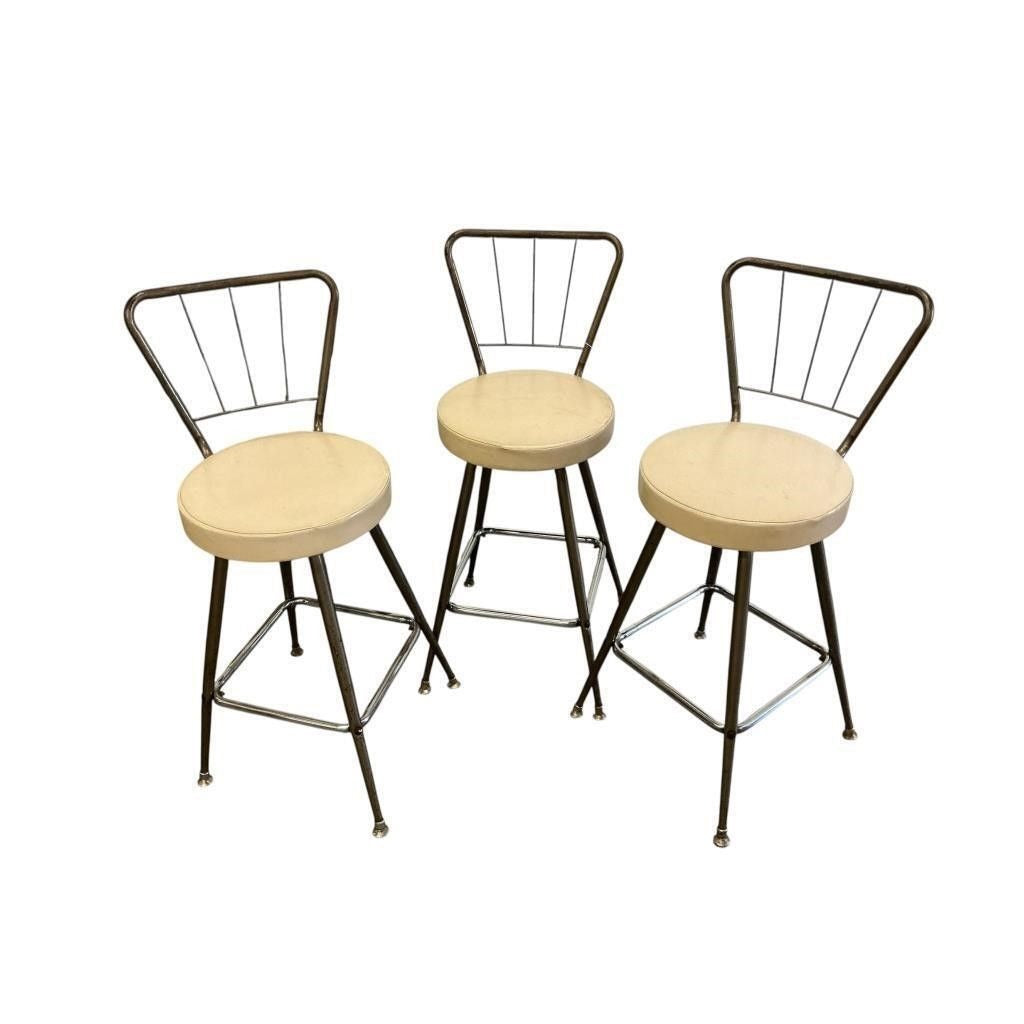 Vintage Metal Bar Stools With Cream Vinyl Seats & Spindle Backs