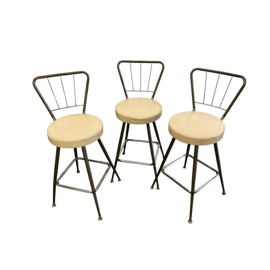 Vintage Metal Bar Stools With Cream Vinyl Seats & Spindle Backs