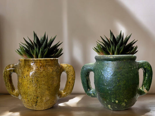 Handmade Moroccan Vintage Shaded Ochre Glaze Tamegroute Holder Planter/Pot: Unique Ceramic Pottery for Plants