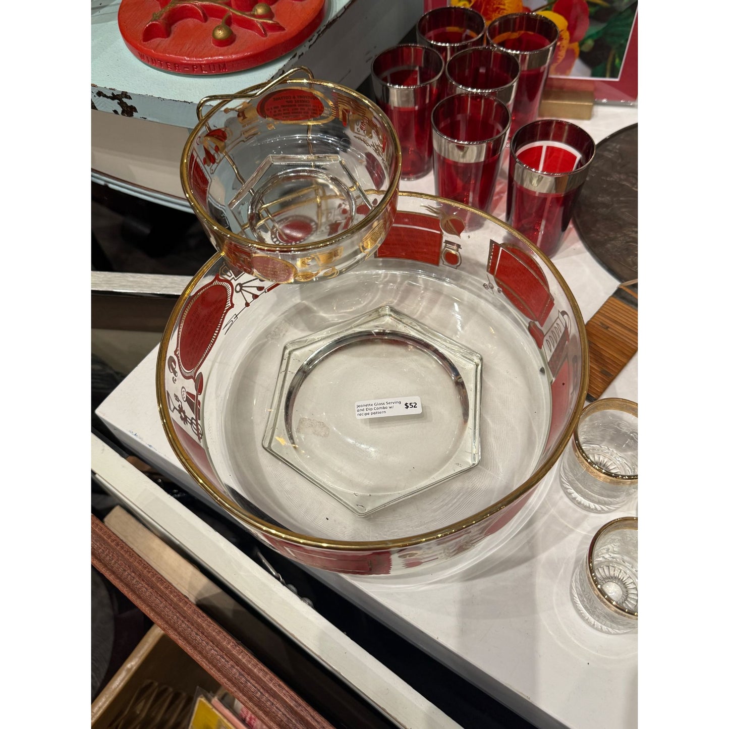 Vintage Jeanette Glass Chip & Dip Set With Gold Trim & Retro Red Design