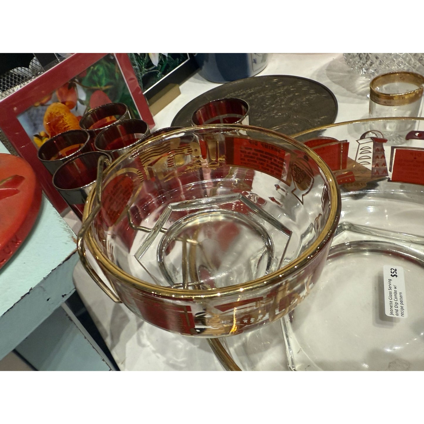 Vintage Jeanette Glass Chip & Dip Set With Gold Trim & Retro Red Design