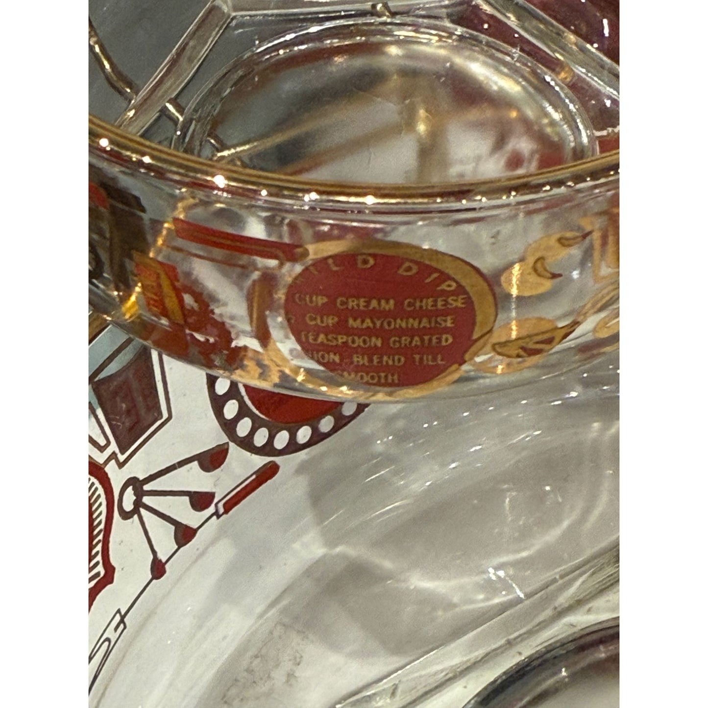 Vintage Jeanette Glass Chip & Dip Set With Gold Trim & Retro Red Design