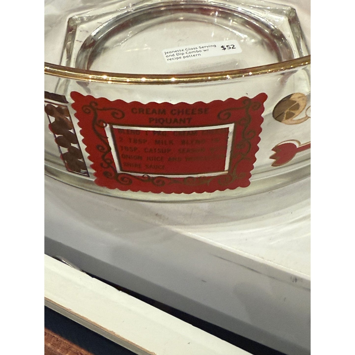 Vintage Jeanette Glass Chip & Dip Set With Gold Trim & Retro Red Design