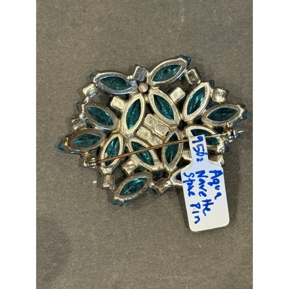 1950's vintage aqua navette rhinestone pin