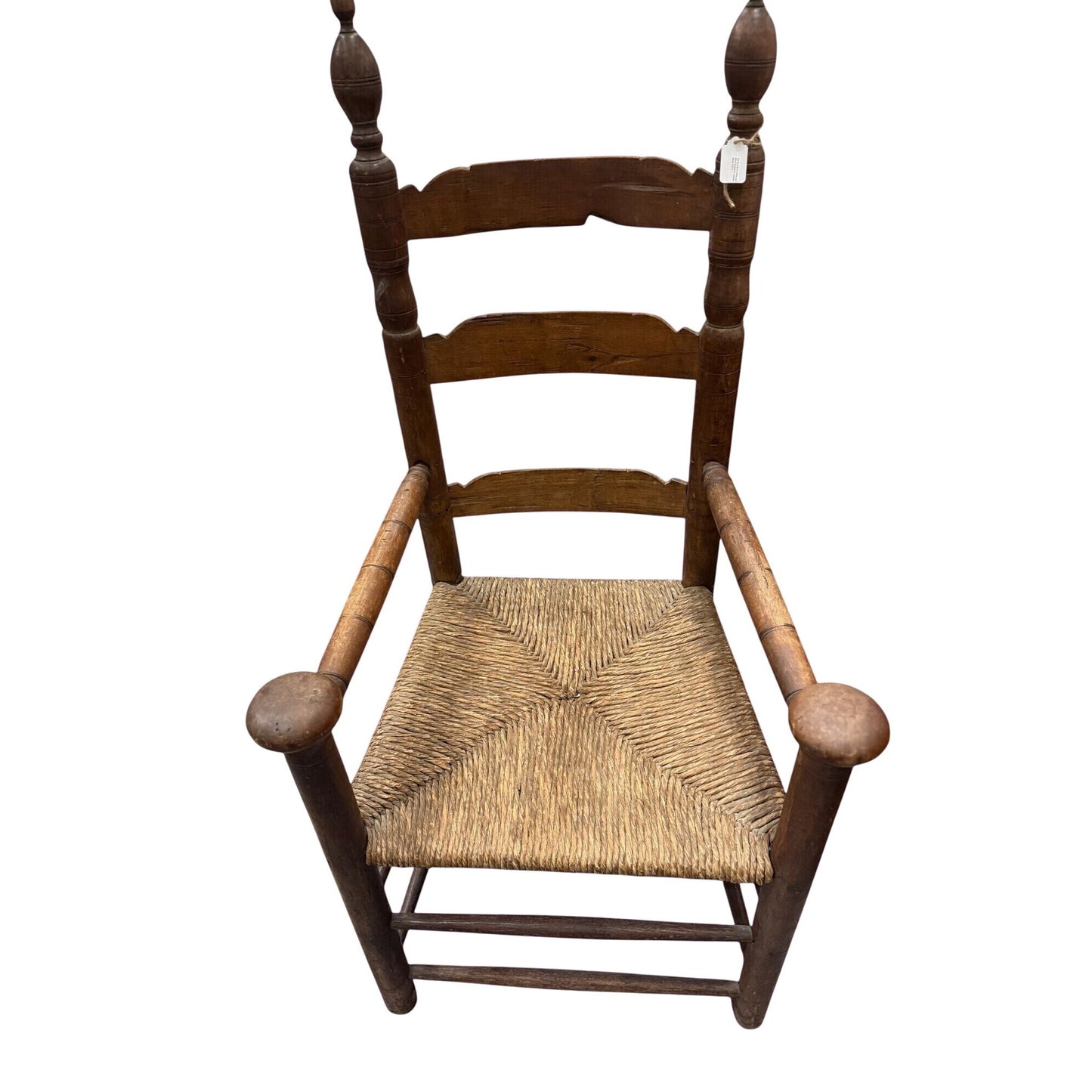Antique Wooden Ladder Back Chair With Rush Seat & Turned Finials