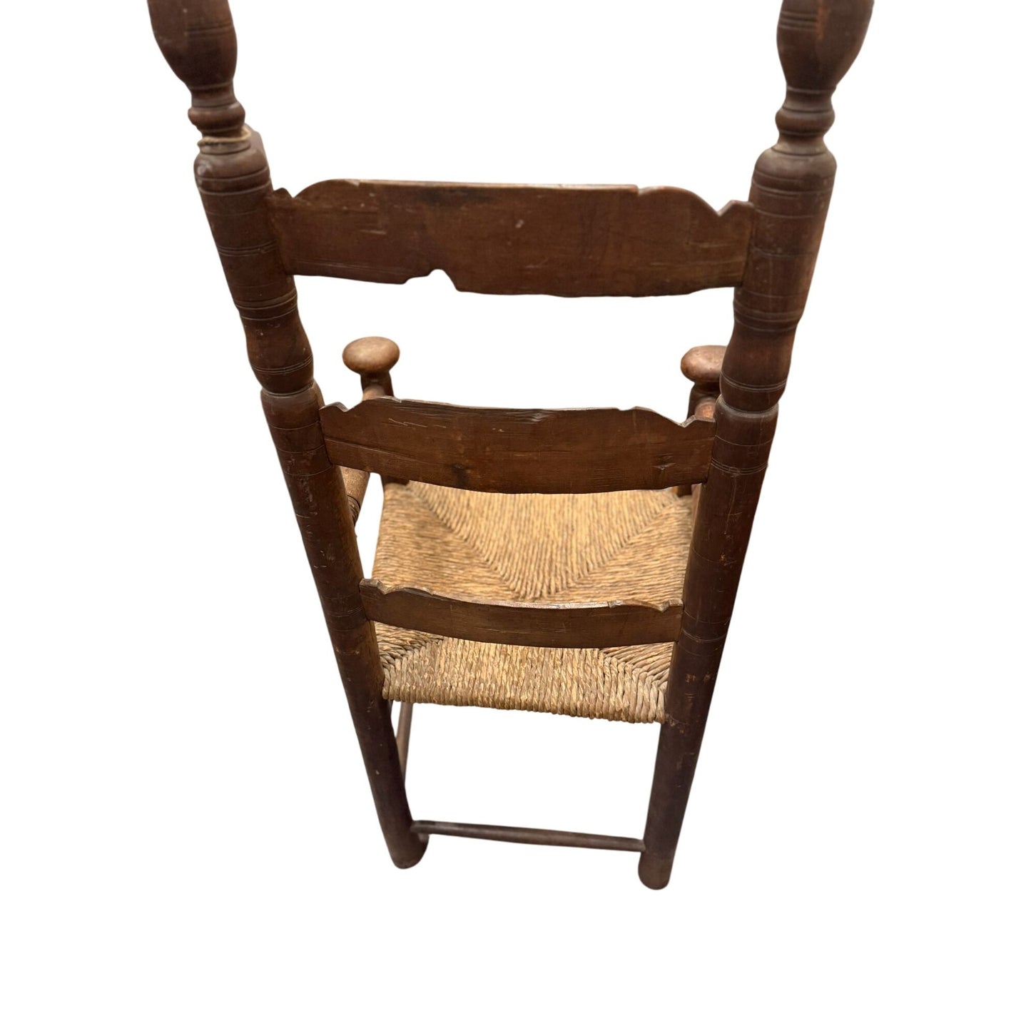 Antique Wooden Ladder Back Chair With Rush Seat & Turned Finials