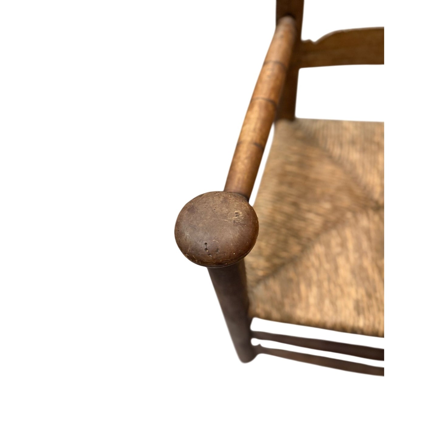 Antique Wooden Ladder Back Chair With Rush Seat & Turned Finials