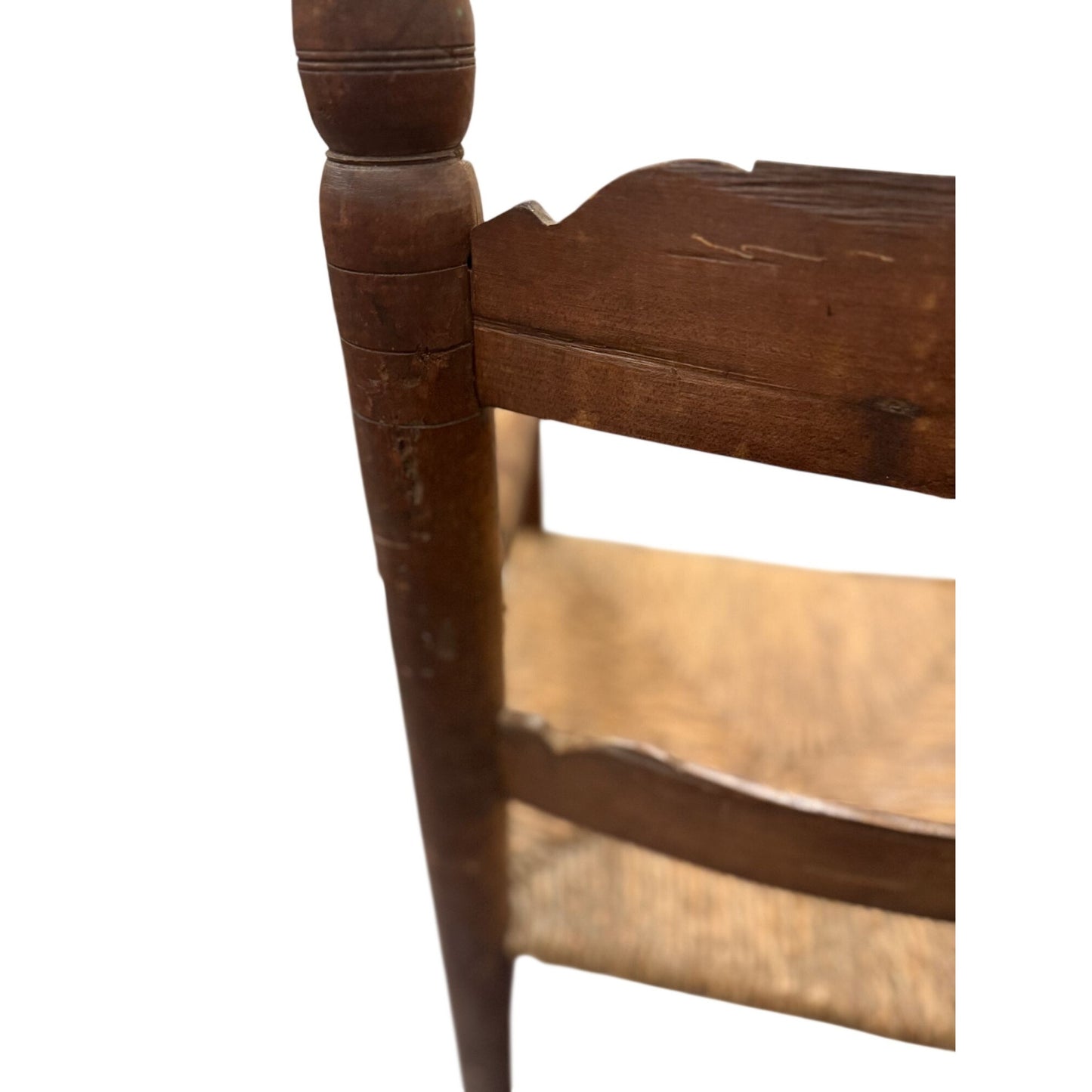Antique Wooden Ladder Back Chair With Rush Seat & Turned Finials