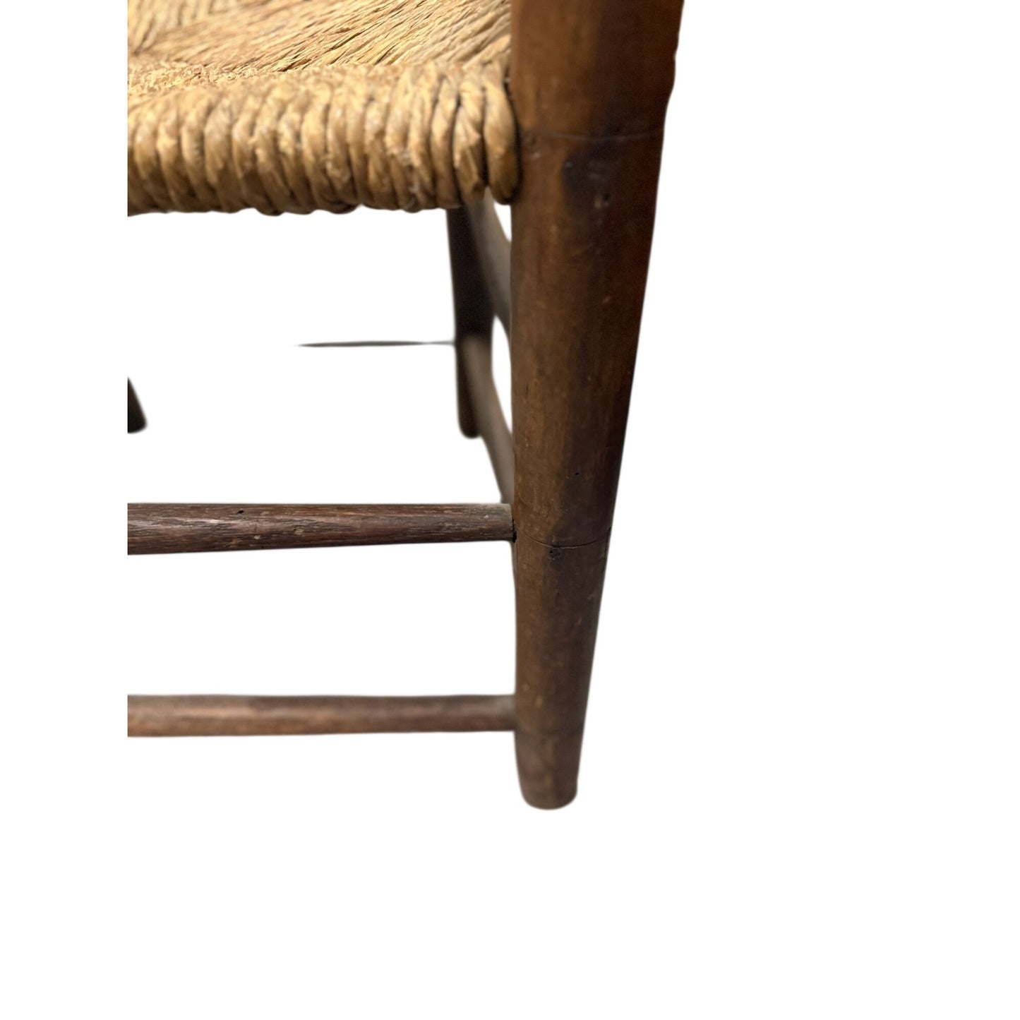 Antique Wooden Ladder Back Chair With Rush Seat & Turned Finials