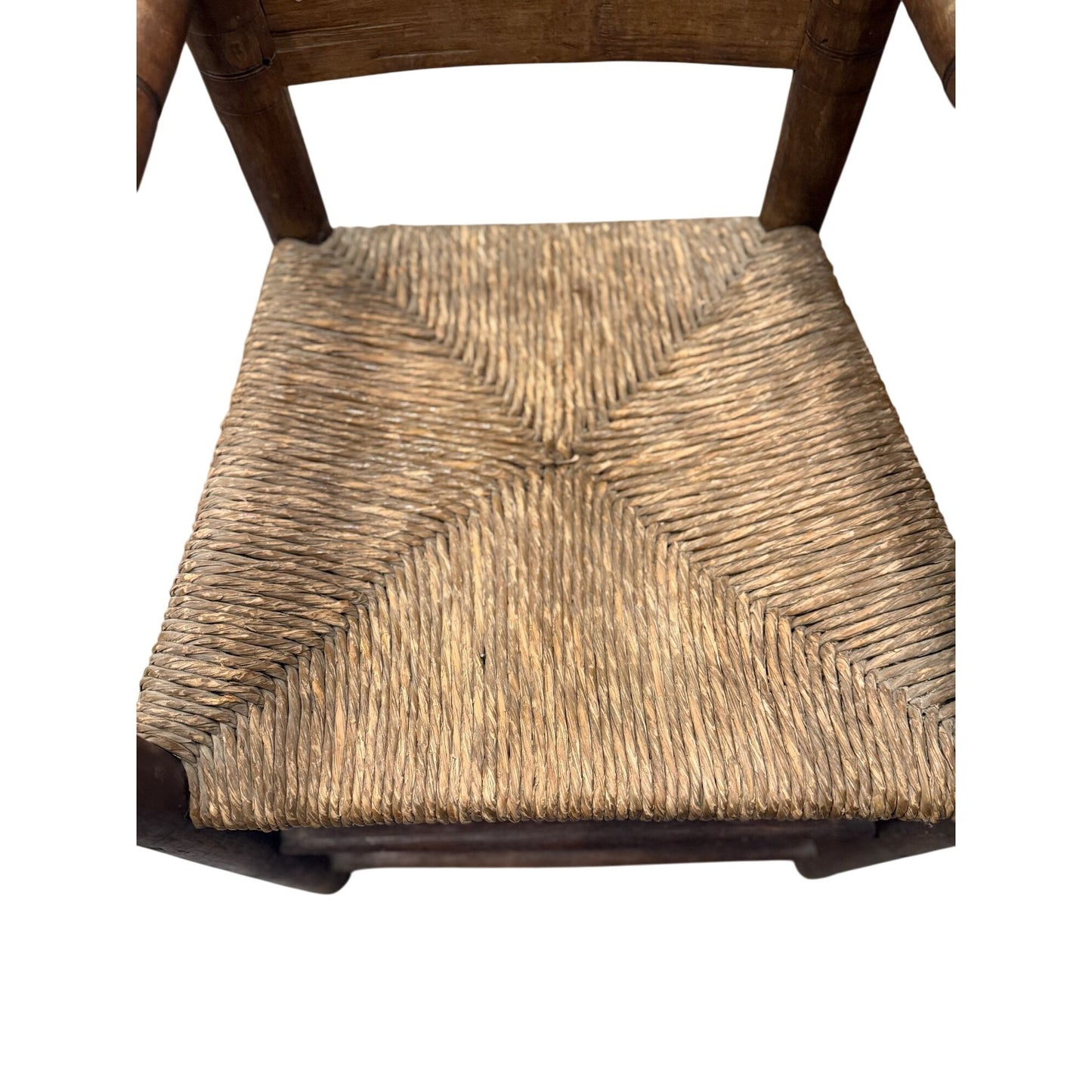 Antique Wooden Ladder Back Chair With Rush Seat & Turned Finials