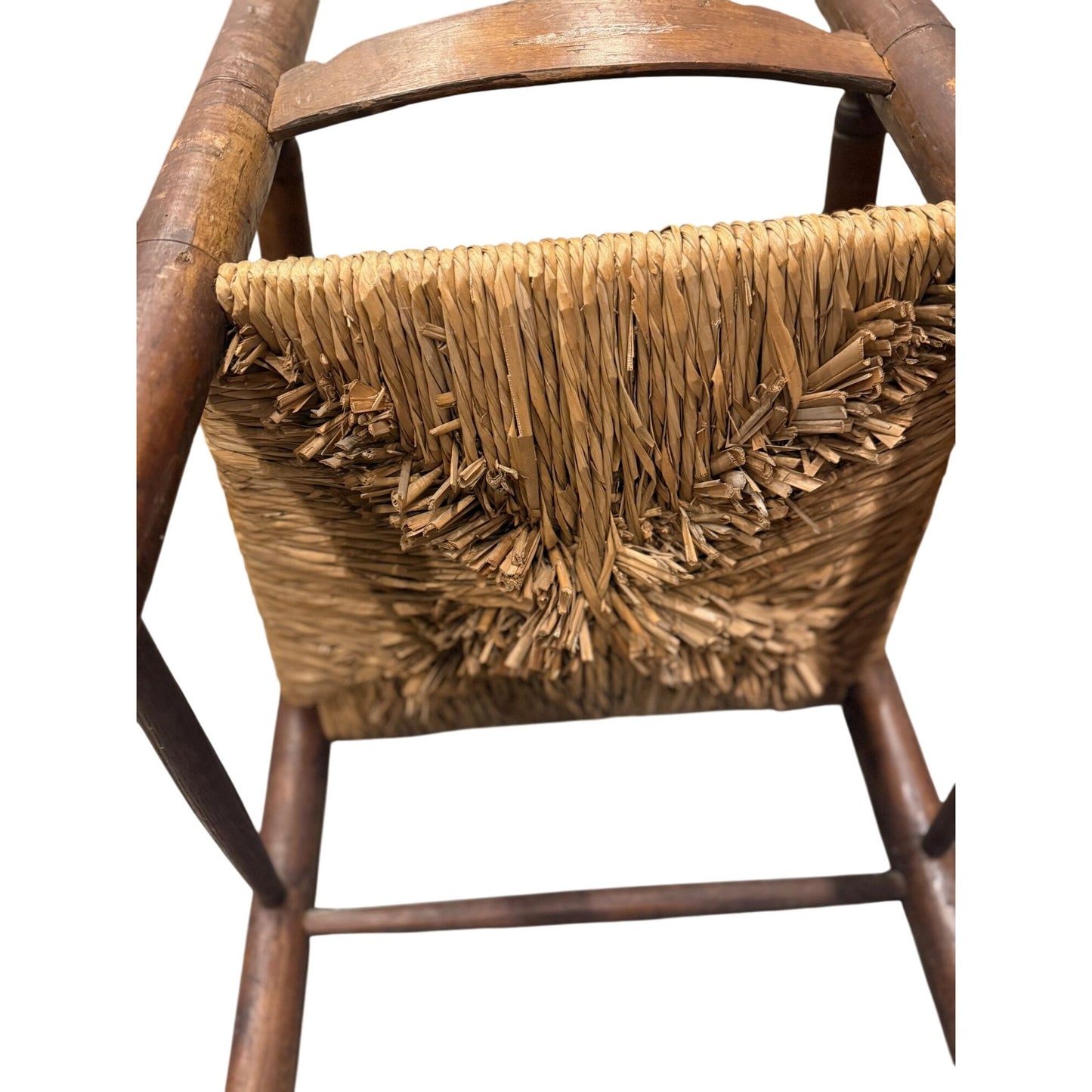 Antique Wooden Ladder Back Chair With Rush Seat & Turned Finials