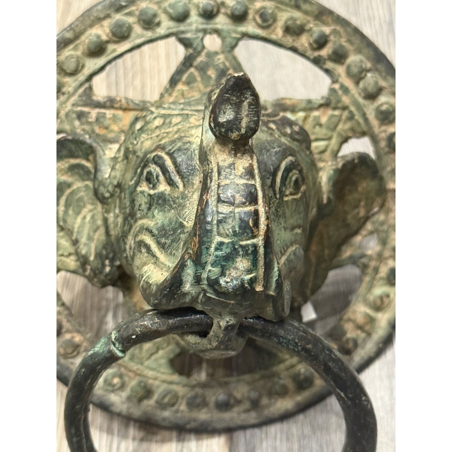 Antique Brass Elephant Head Door Knocker With Circular Backplate - c 1800's