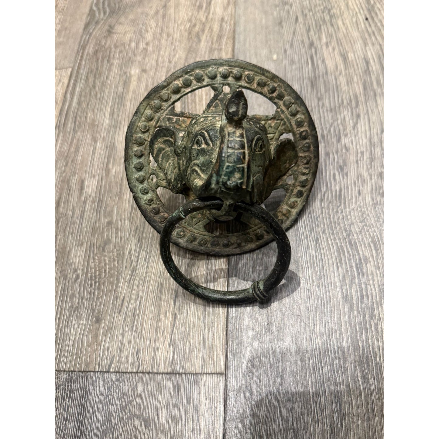Antique Brass Elephant Head Door Knocker With Circular Backplate - c 1800's