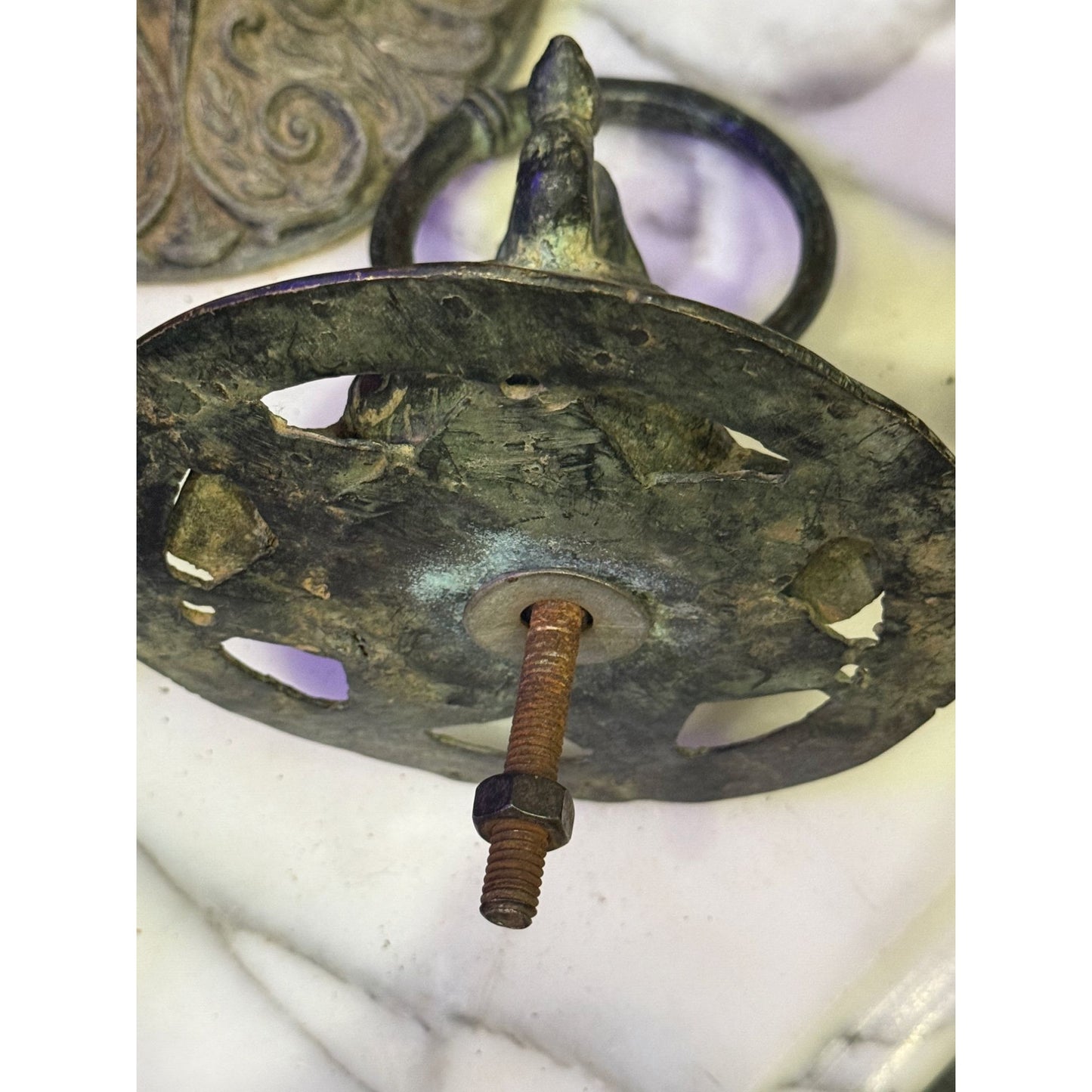 Antique Brass Elephant Head Door Knocker With Circular Backplate - c 1800's